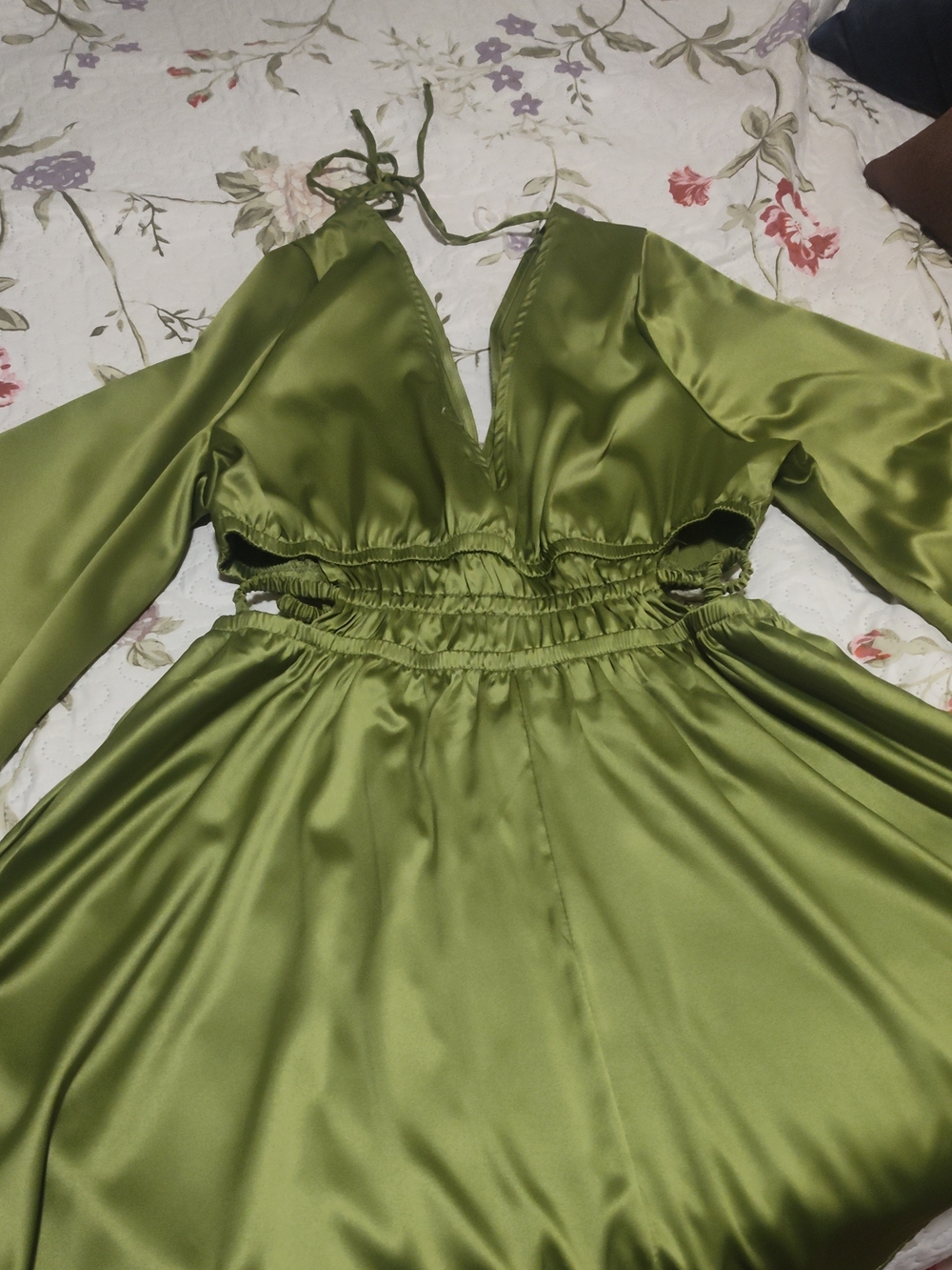 Justify Olive Green Long Sleeve Satin Maxi Dress